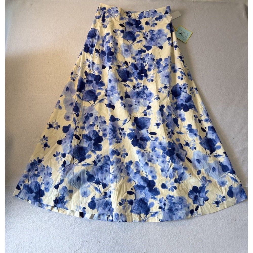 CeCe Skirt White Blue Floral Tiered Maxi Small Zip Tropical Vacation Resort